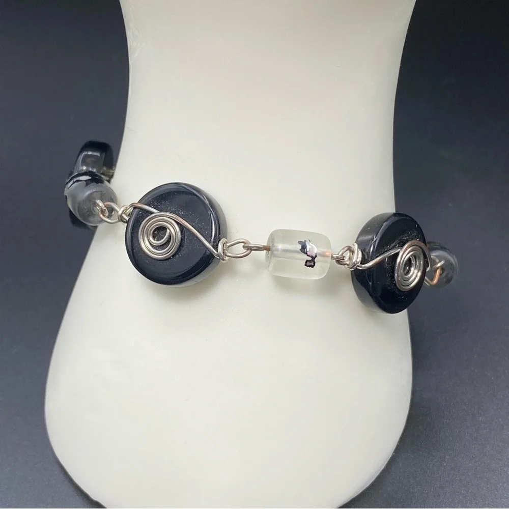 WIRE wrapped Y2 J onyx disc bracelet vintage